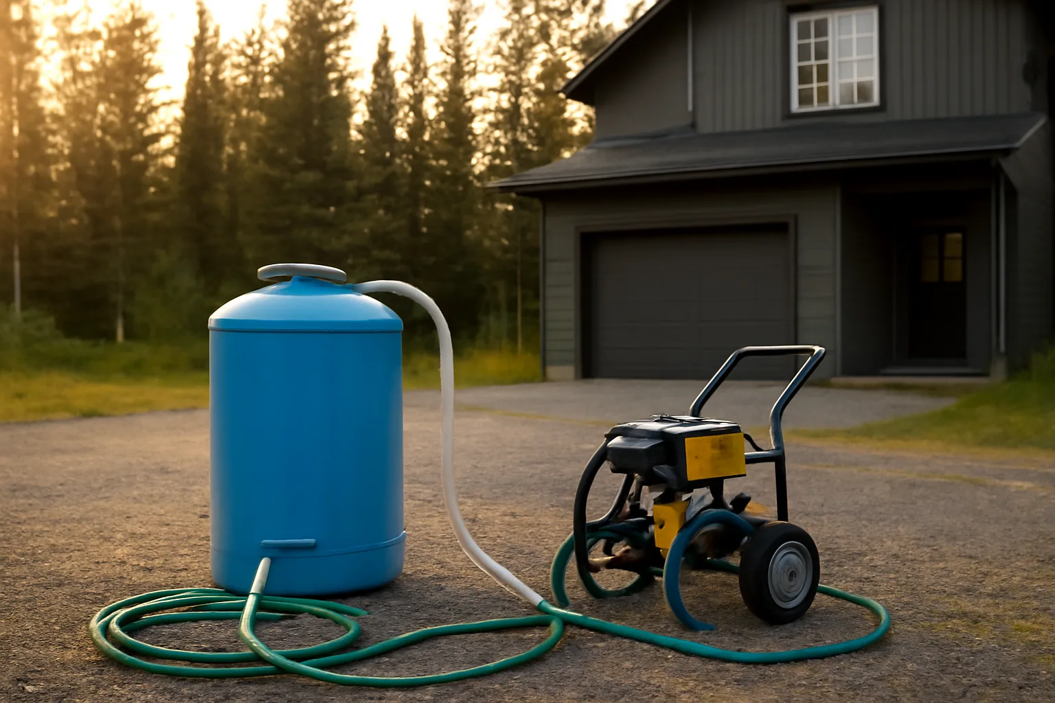Soft wash equipment staged on an Alaska residential driveway near spruce trees