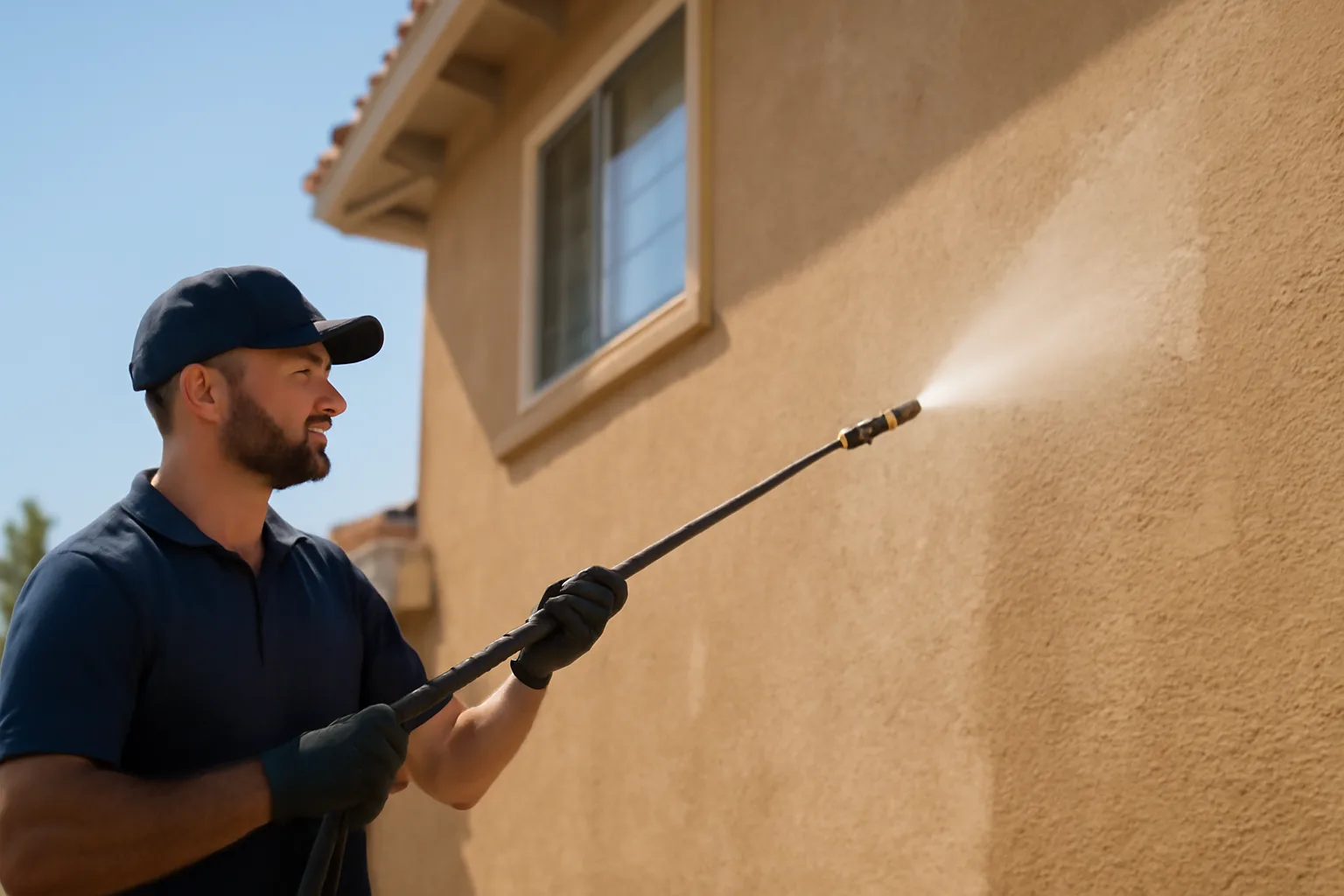 Soft washing a stucco home in California
