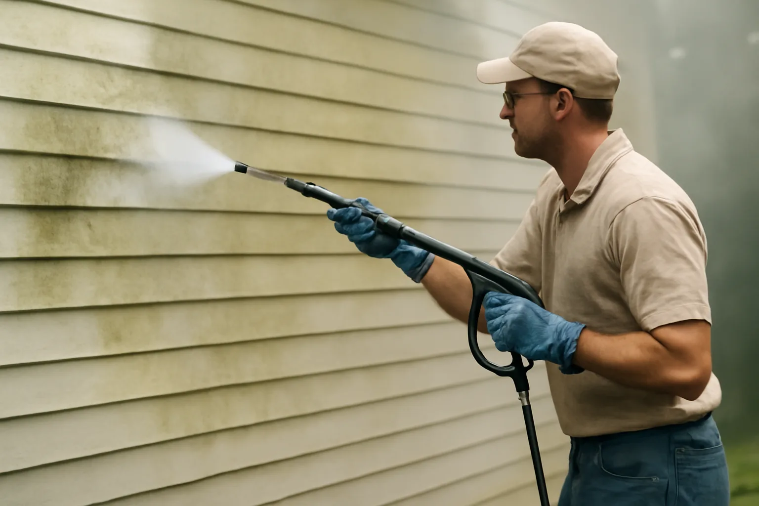 Soft wash technician sprays low-pressure solution on algae-stained Alabama siding