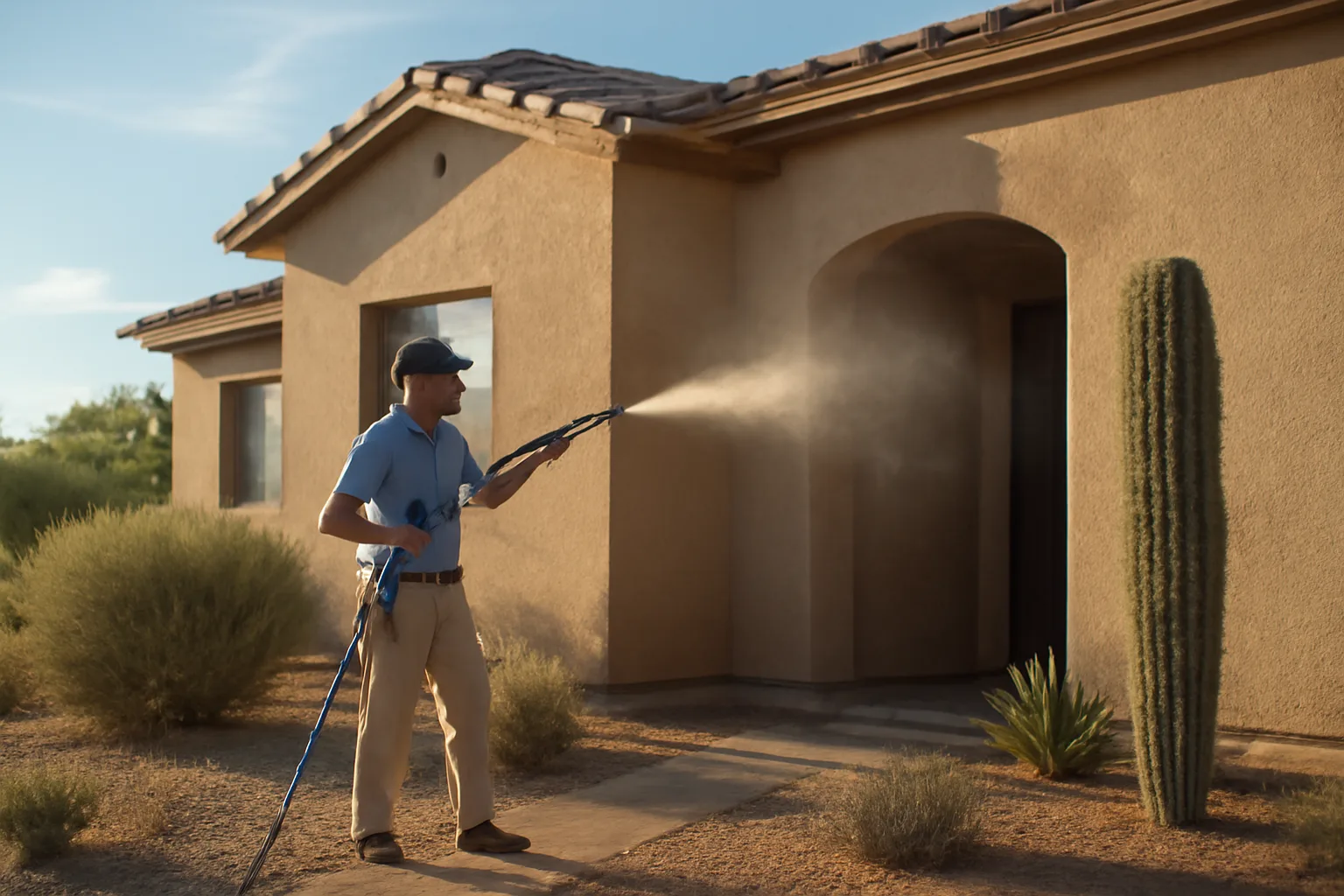 Soft wash technician spraying a house exterior in Arizona, no visible branding or text.
