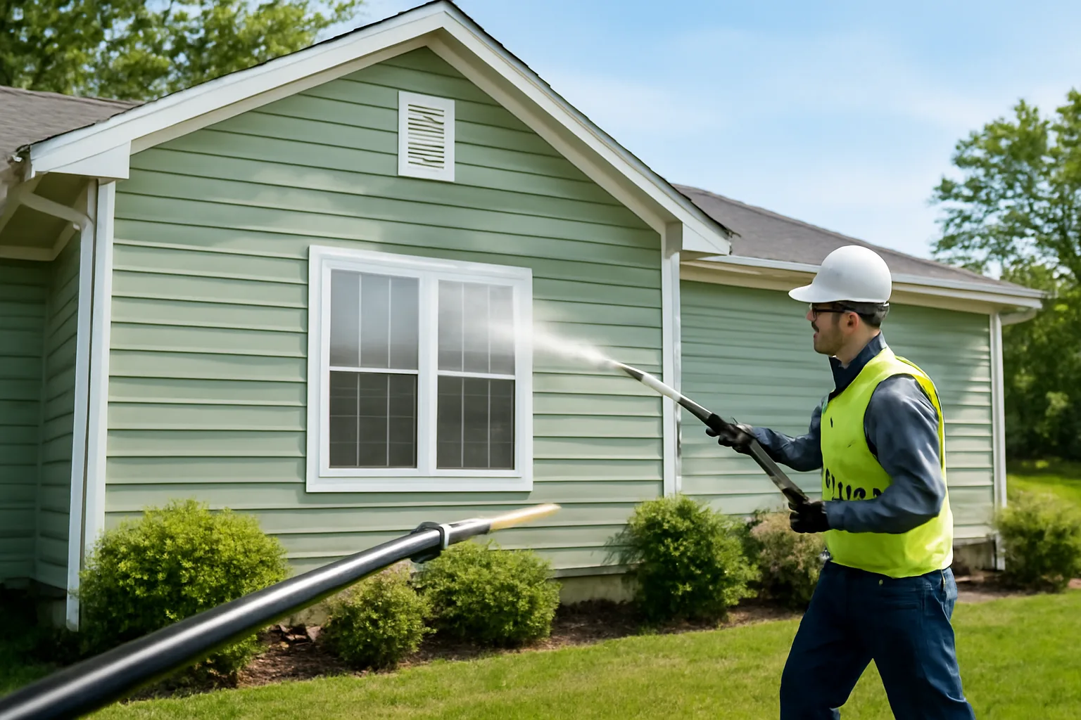 Soft wash technician spraying a house in Arkansas