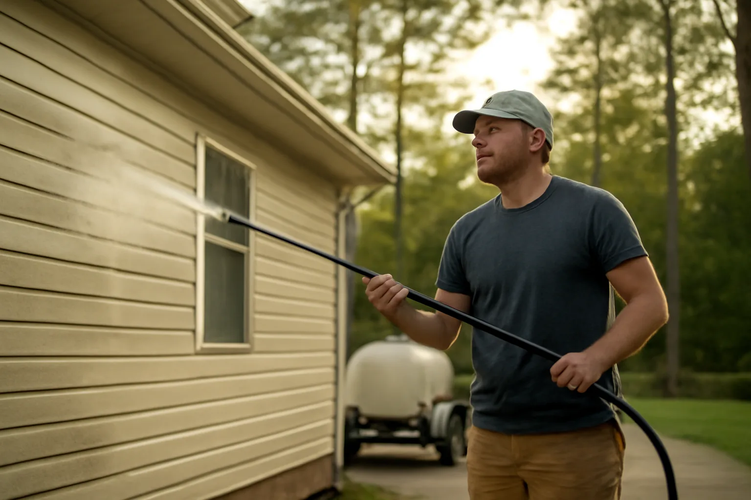 Soft wash operator spraying a Georgia house exterior with low-pressure chemical application