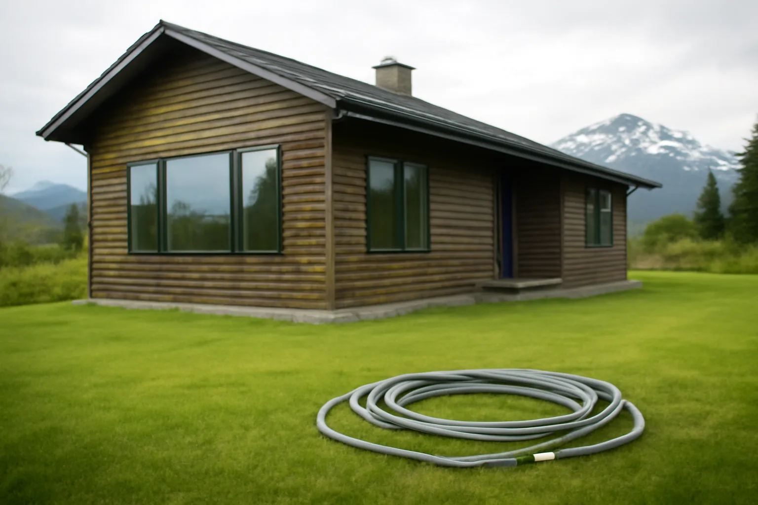 Soft wash equipment outside a house in Alaska with moss on siding