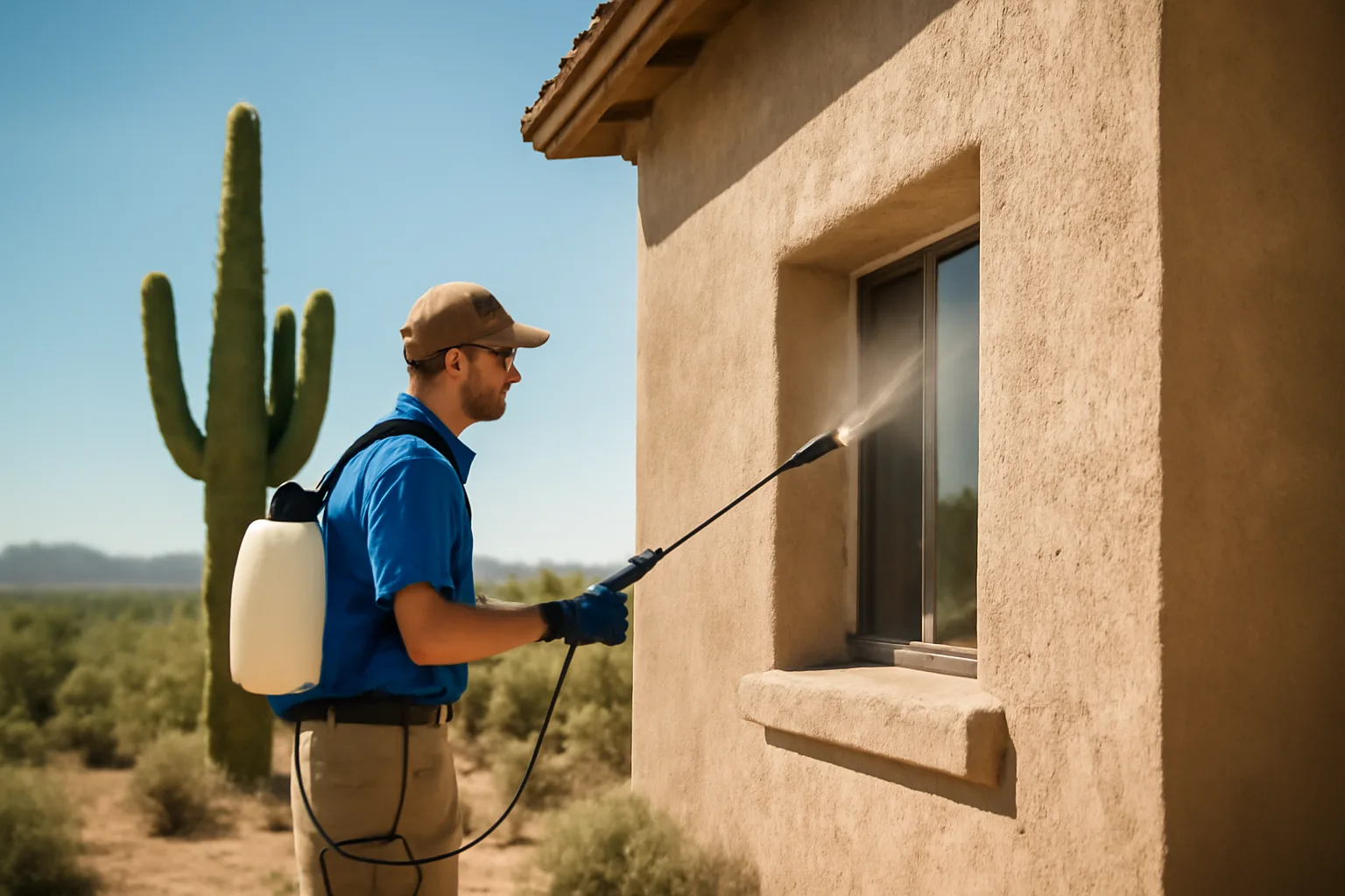 Soft wash technician cleaning a stucco house in Arizona