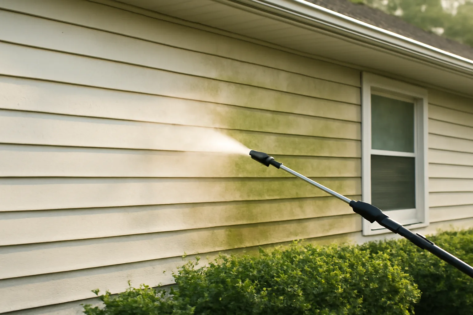 Soft washing a one-story Arkansas house with algae-stained siding.