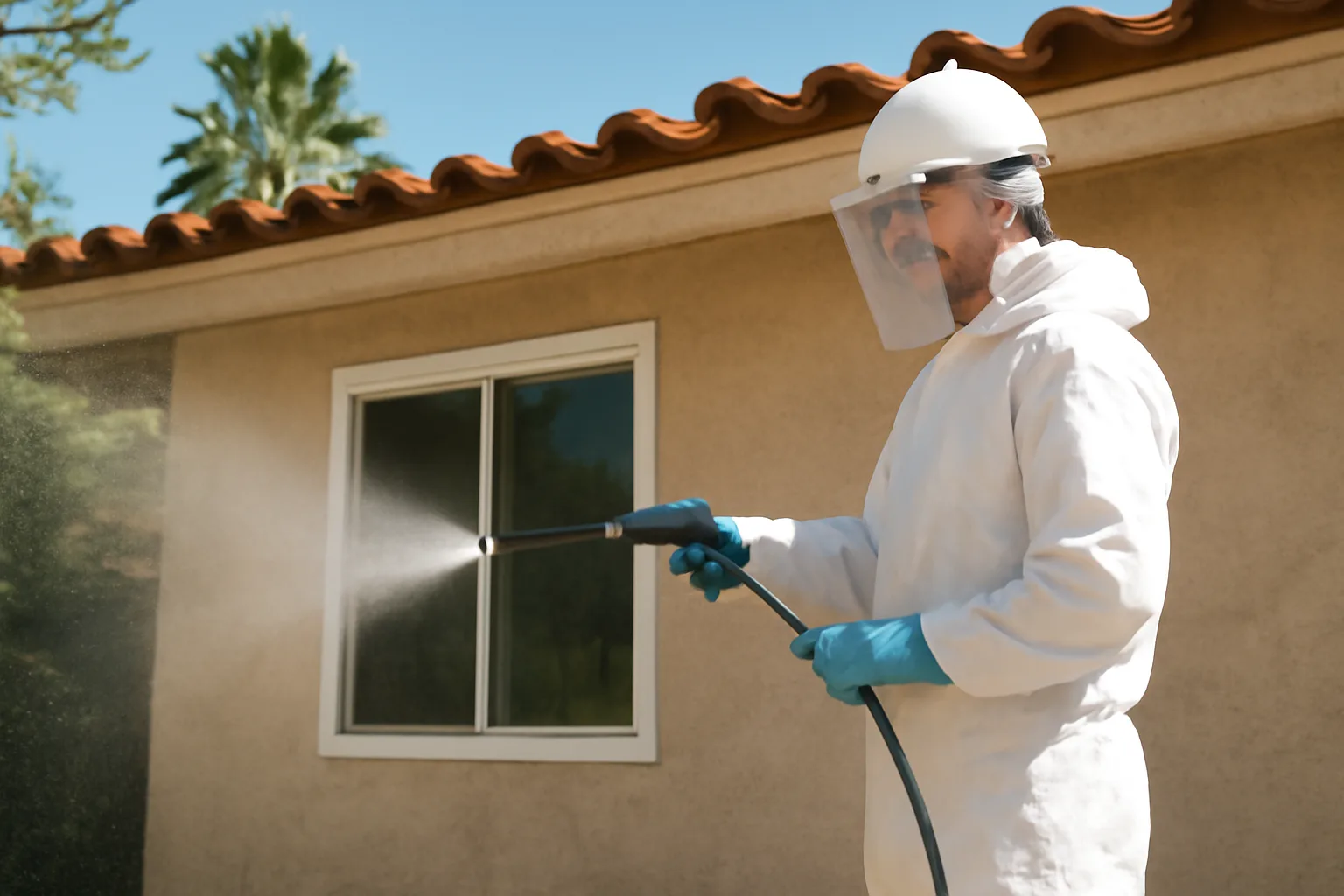 Soft wash technician cleaning a California home exterior