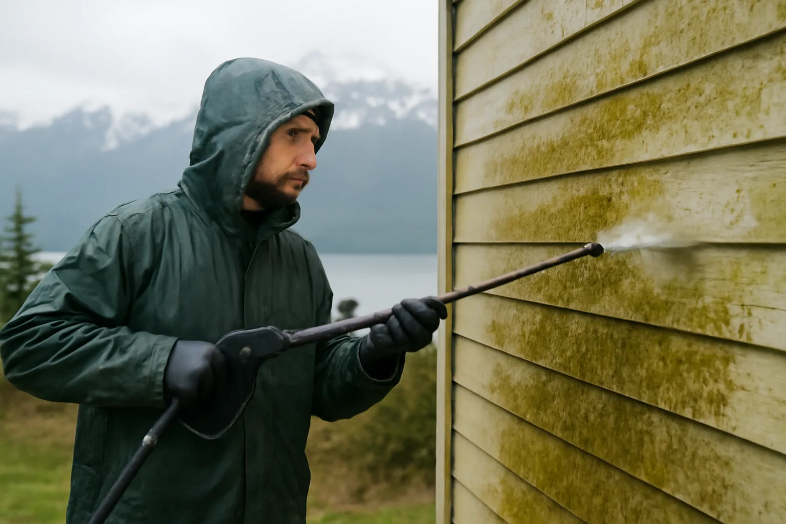Soft wash technician cleaning house siding in Anchorage, Alaska