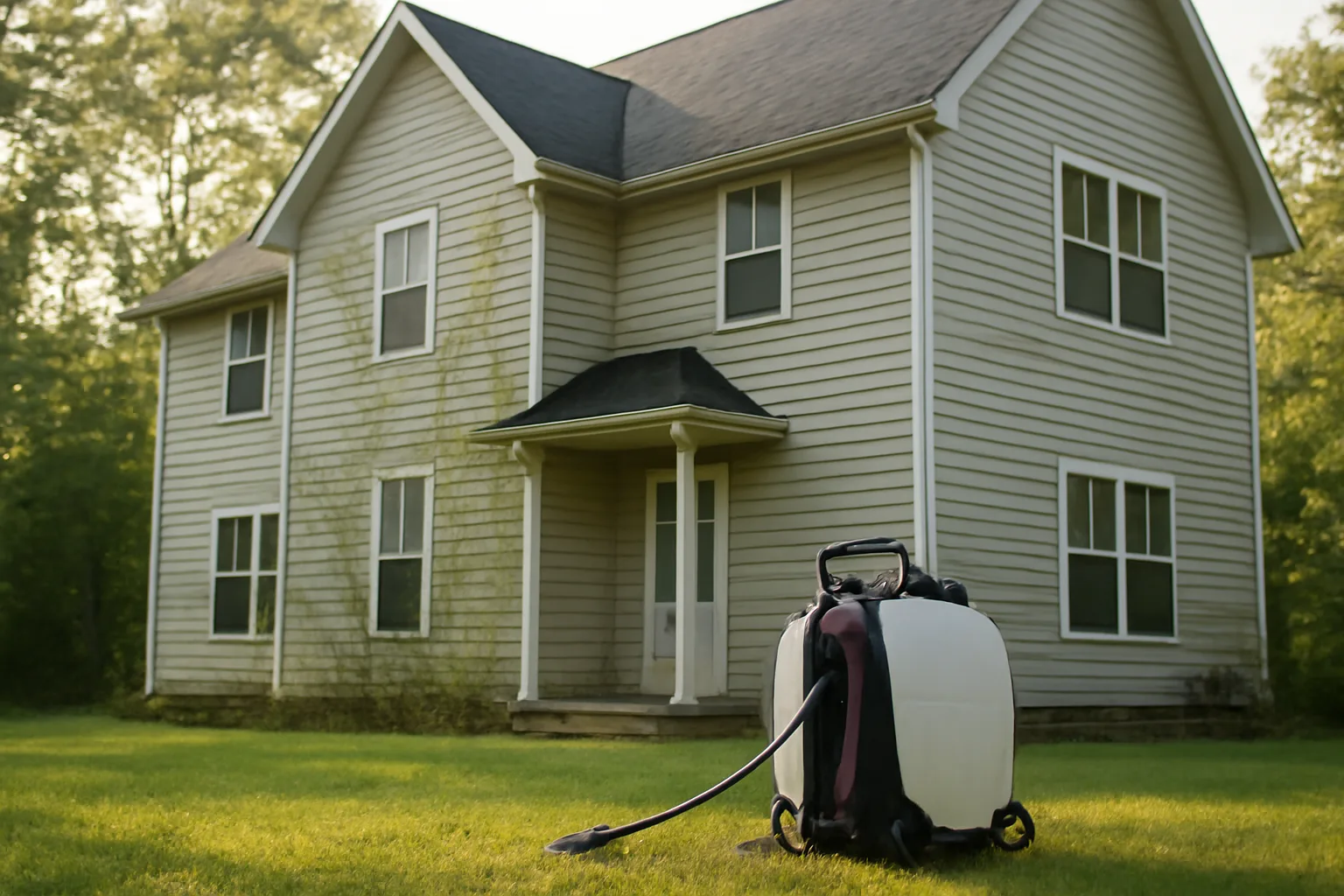 Arkansas house and soft wash sprayer setup on a morning lawn