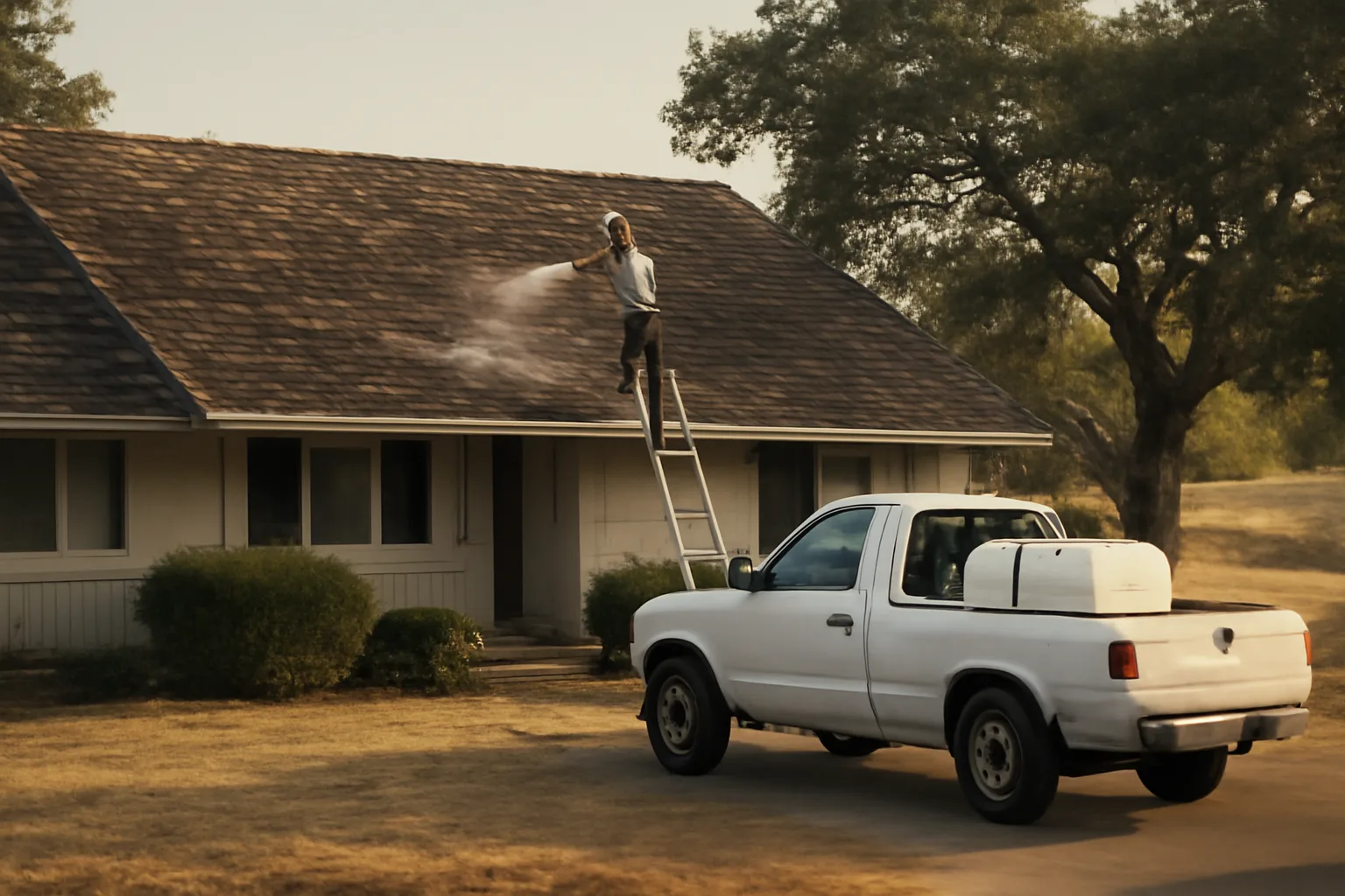 Soft wash worker rinsing house roof in California morning light, ladder and tank visible