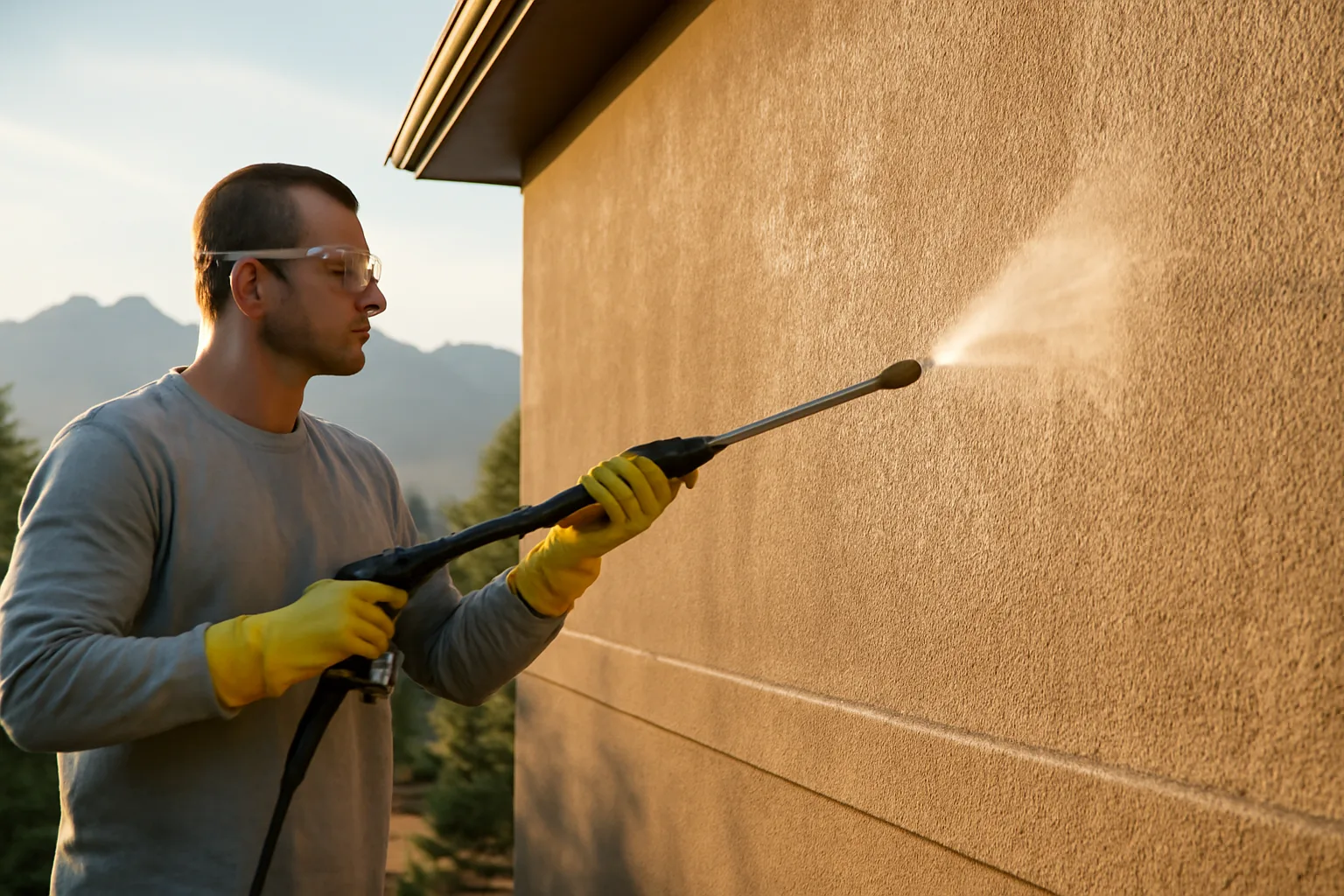 Soft wash technician spraying stucco home exterior with Colorado mountains in background