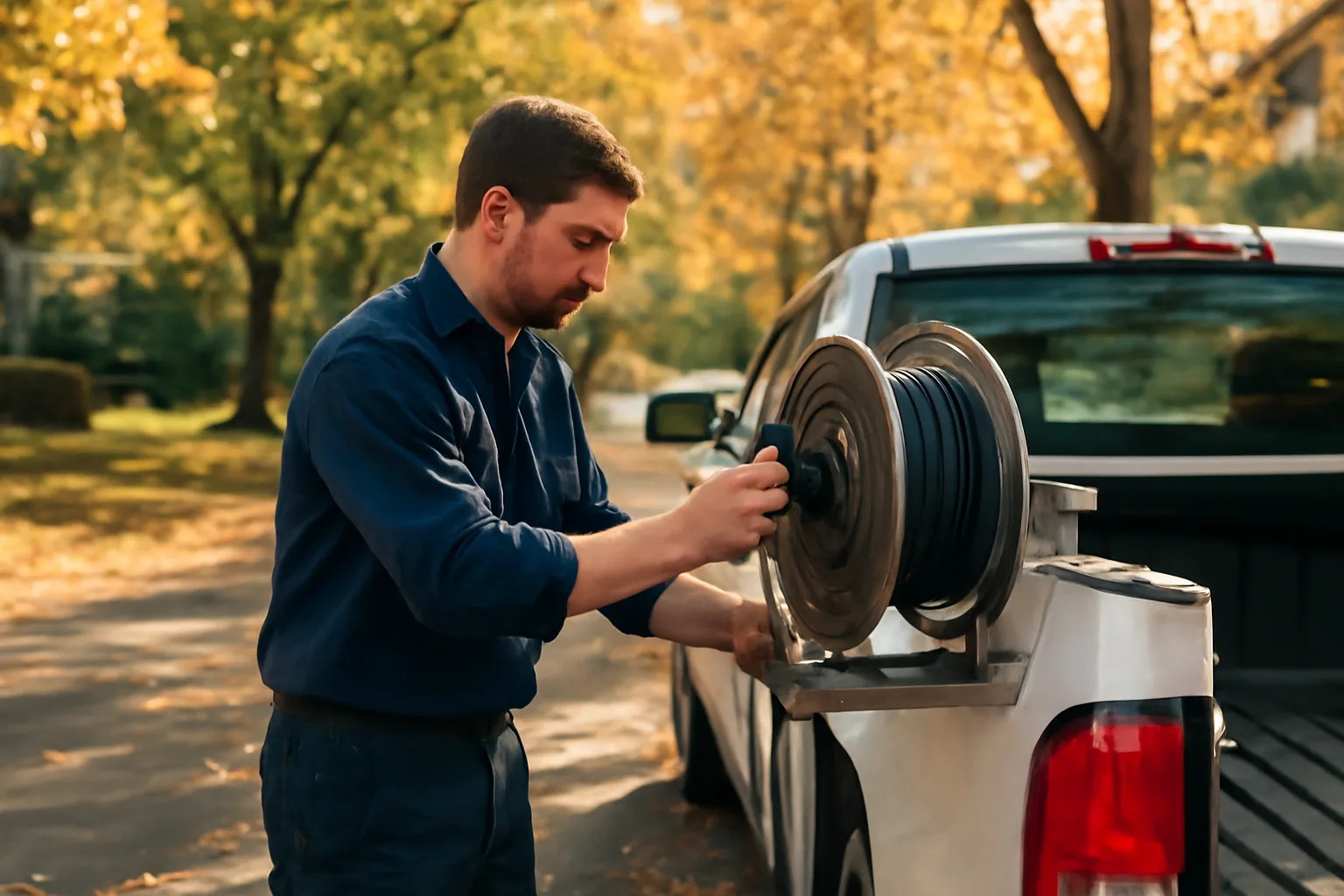 Soft wash operator adjusting hose reel on pickup truck in Connecticut residential neighborhood