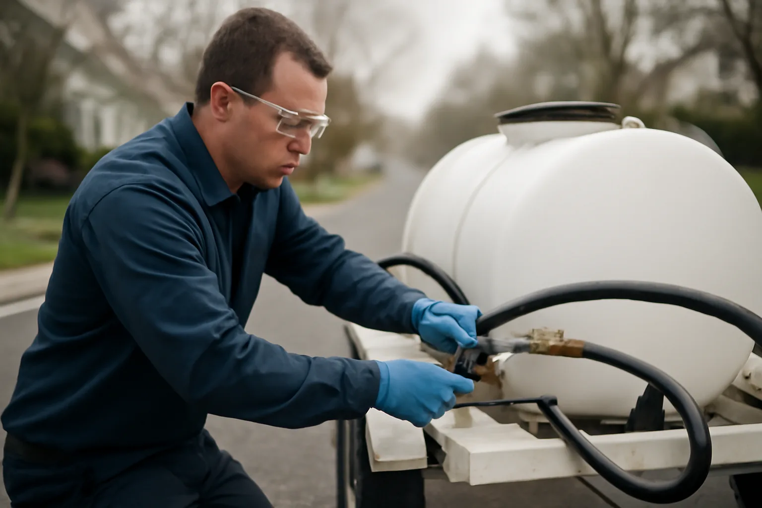 Soft wash technician adjusting chemical tank hoses on a trailer in a Delaware suburb