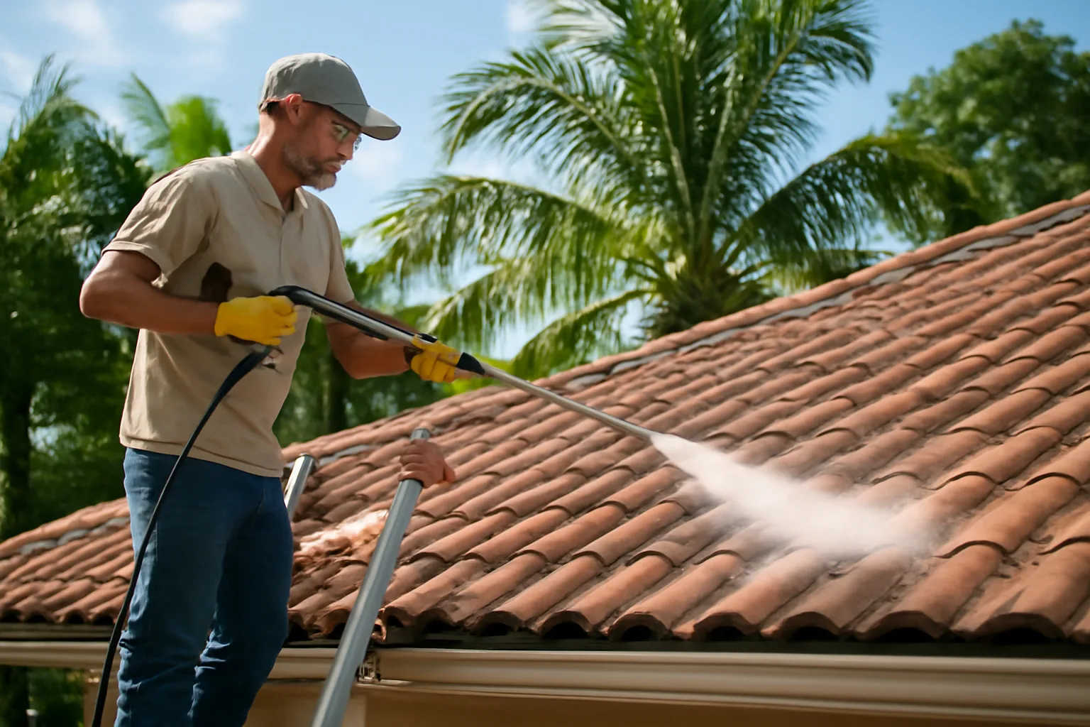 Soft wash technician cleaning a Florida tile roof amid palm trees