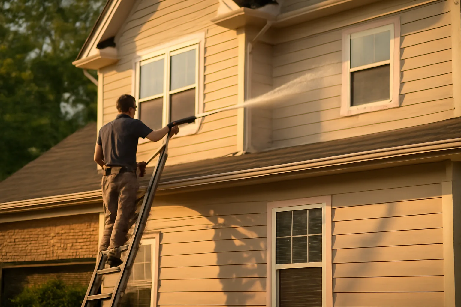 Worker soft washing the siding of a Georgia home in afternoon light