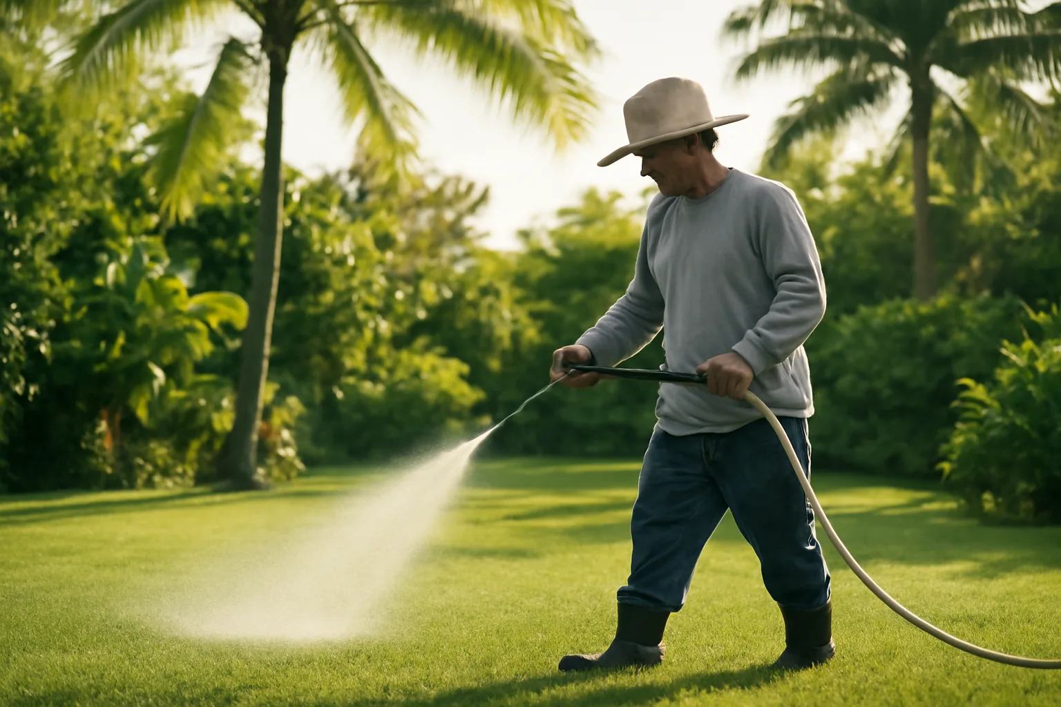 Soft wash operator cleaning a house exterior in Hawaii without any signs or text.