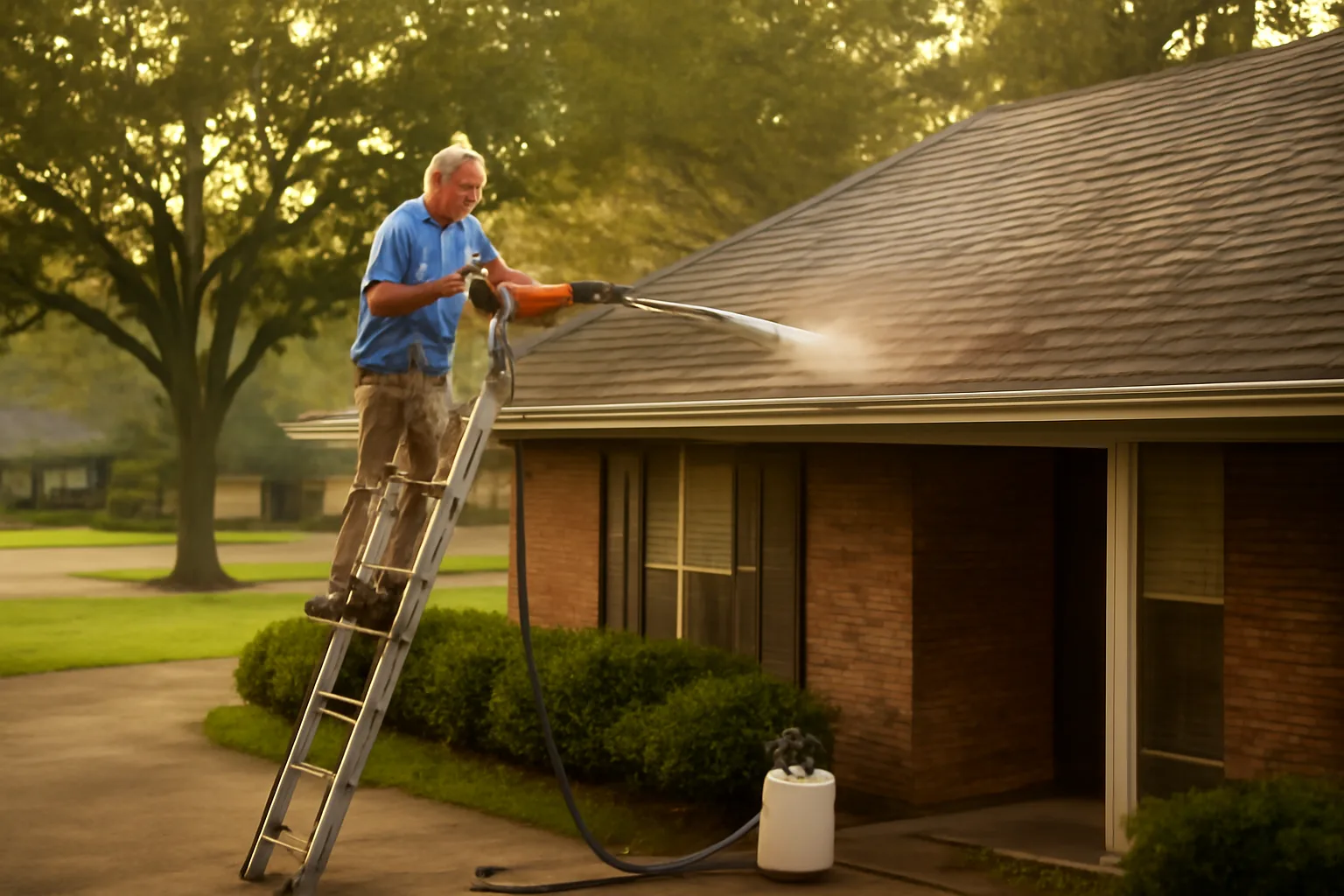 Soft wash contractor applying chemical mix to asphalt shingle roof in Alabama suburb