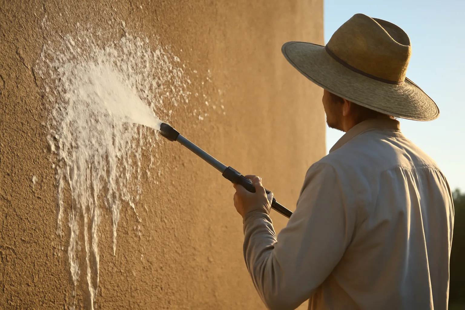 Soft wash application on a stucco house exterior in Scottsdale Arizona morning sun