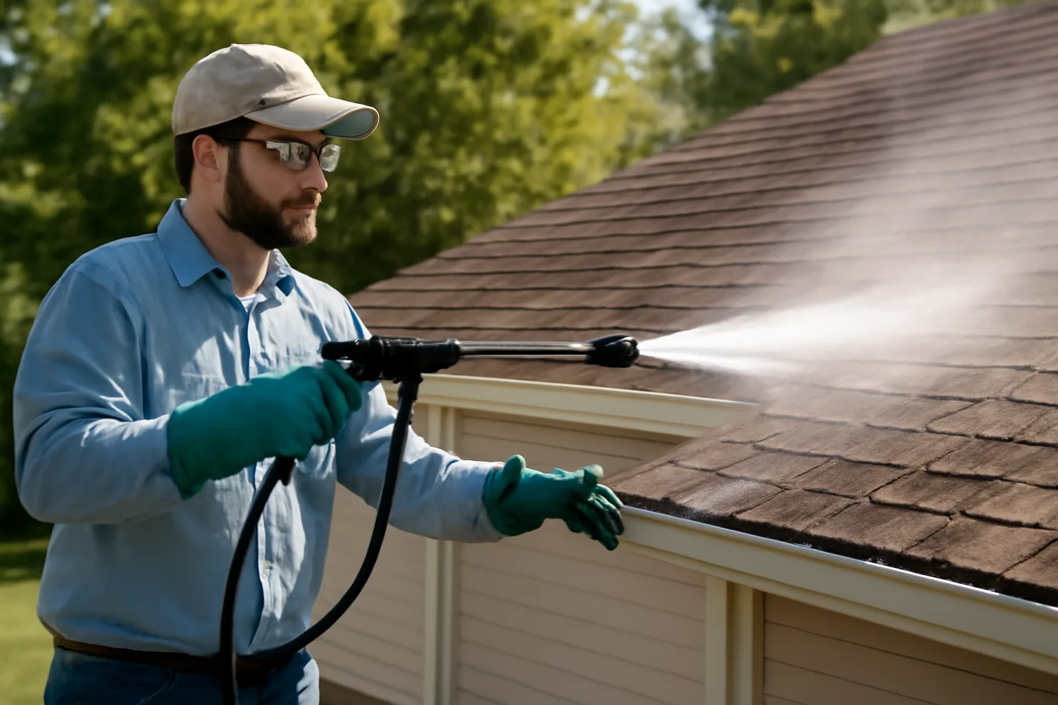 Soft wash technician cleaning a roof in Arkansas with low pressure spray