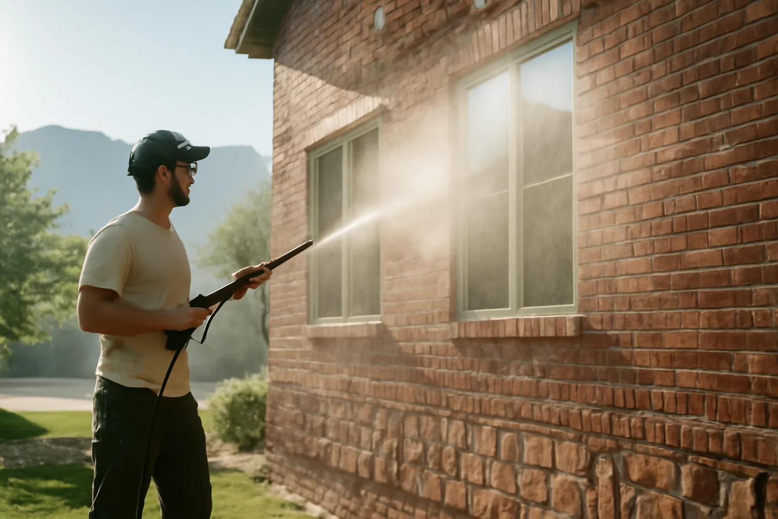Soft wash technician spraying a house exterior with Colorado mountains in the background