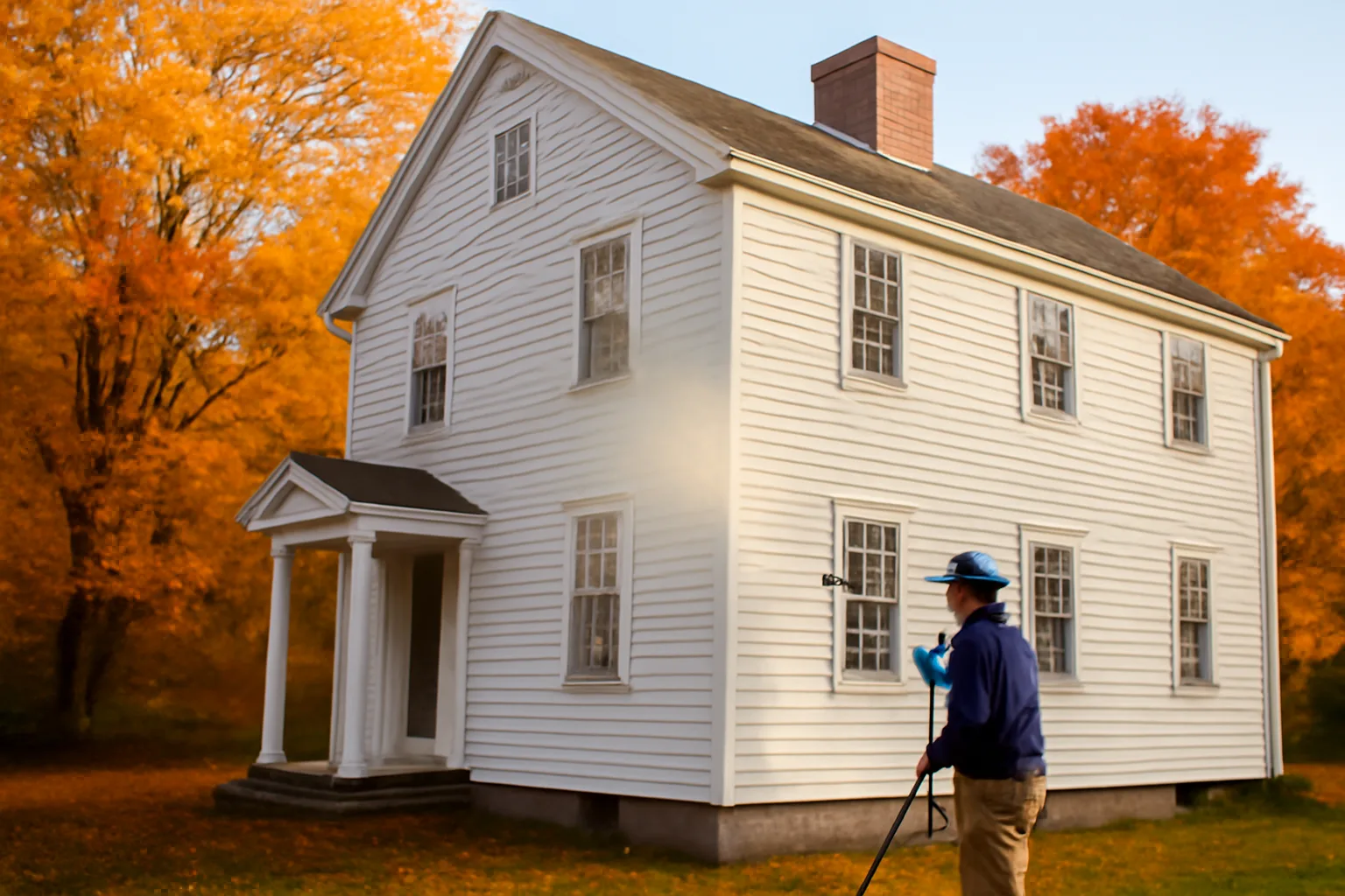 Operator soft washing a white colonial Connecticut house on a clear autumn morning