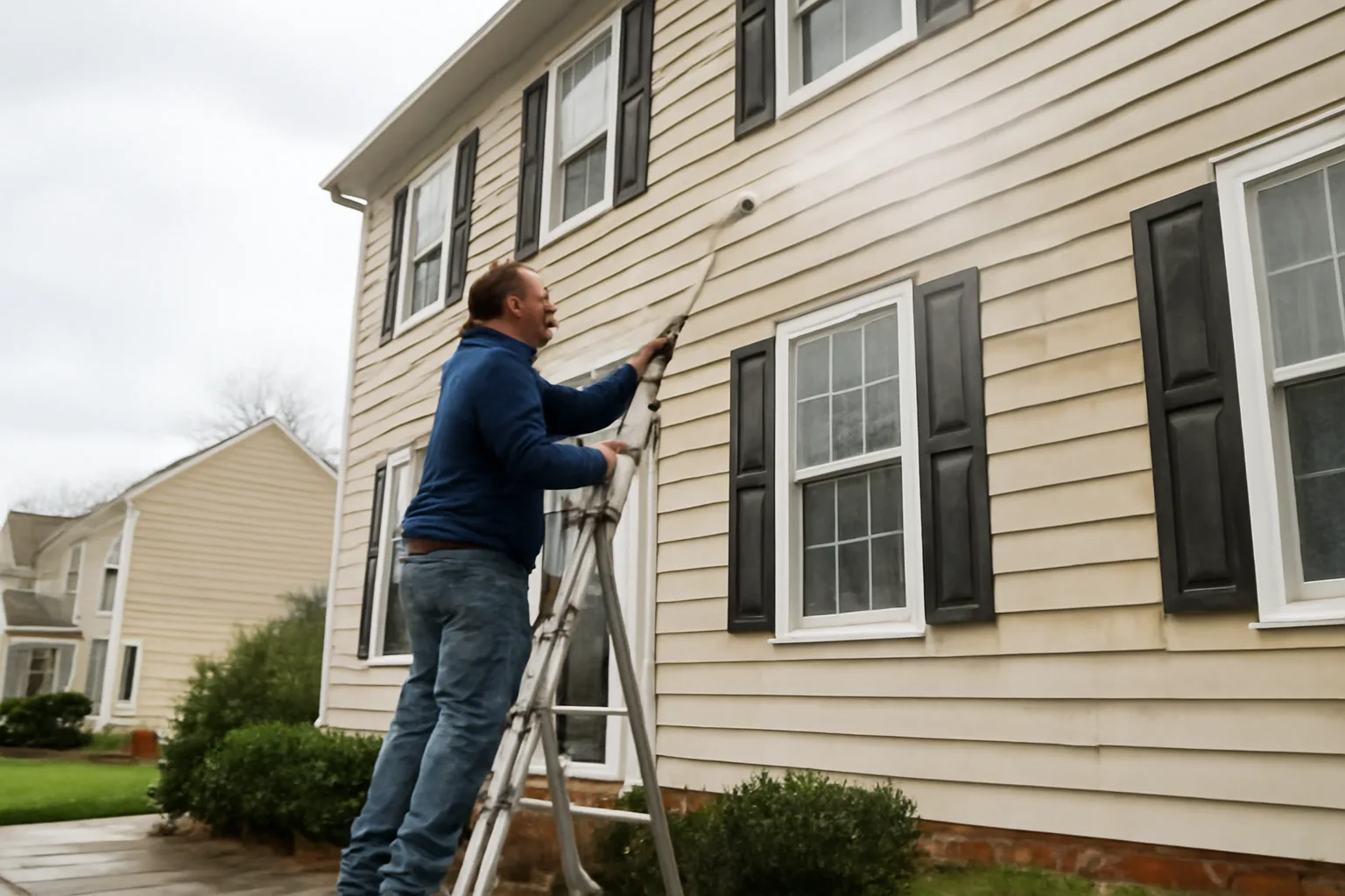 Soft wash technician spraying solution on Delaware residential home siding