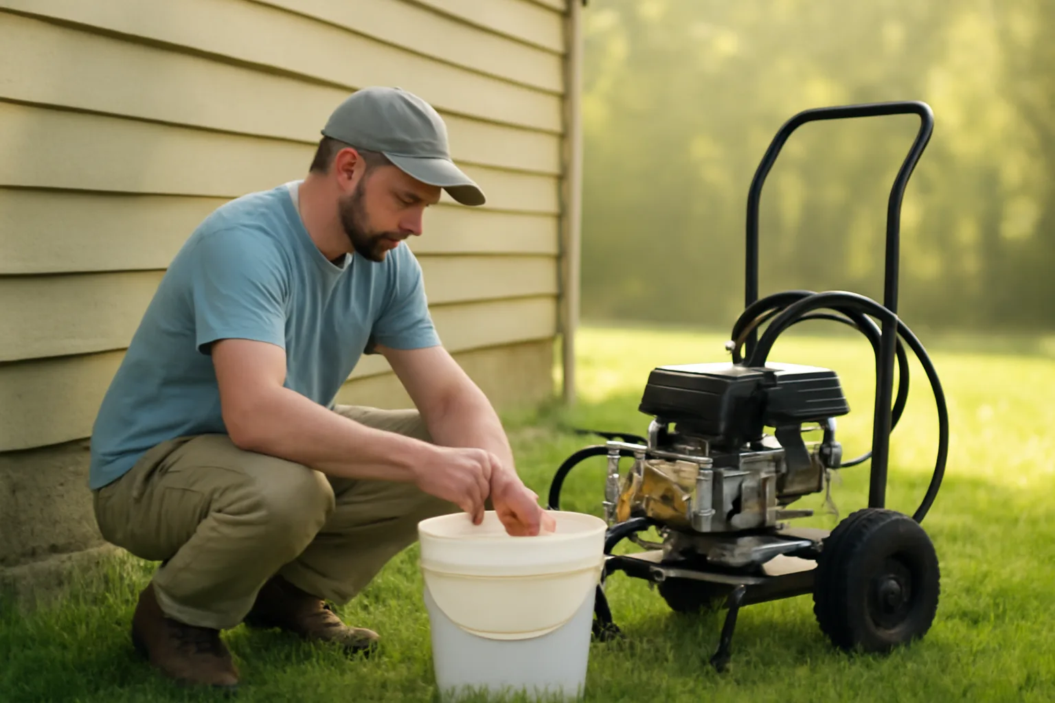 Soft wash contractor mixing chemicals beside a Georgia home on a sunny day