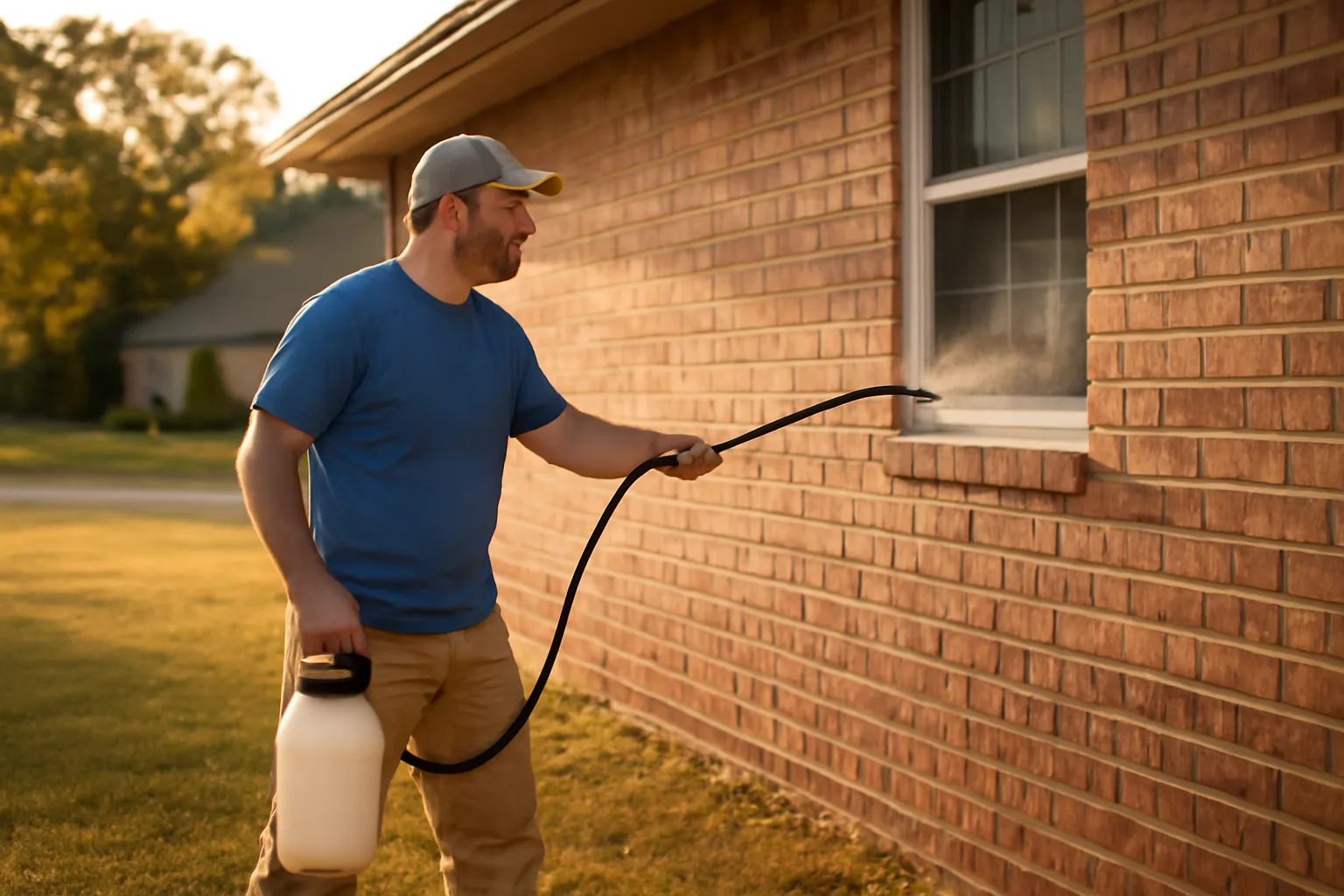 Soft wash operator spraying a brick home's siding in Alabama