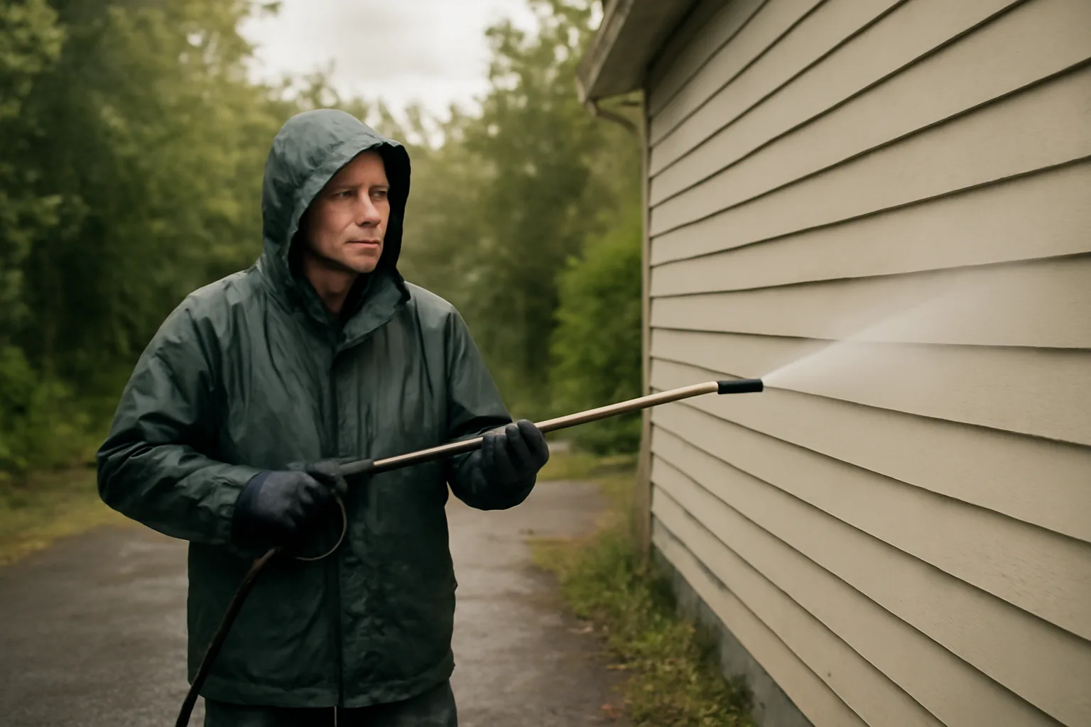Soft wash technician spraying a house exterior in Alaska