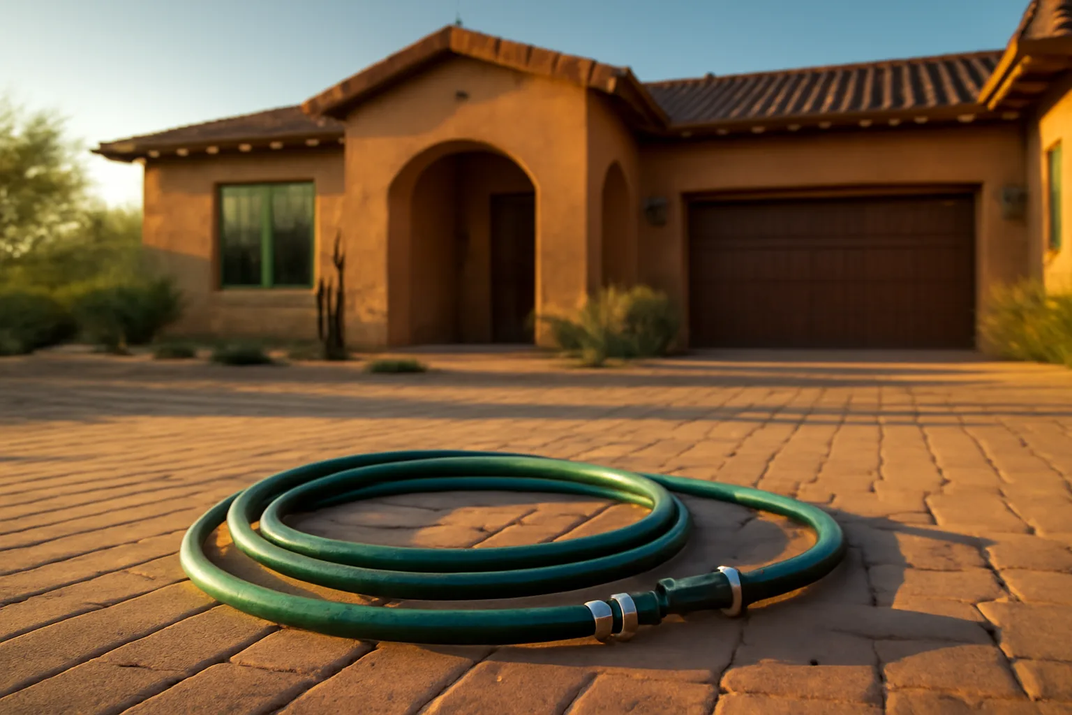 Soft wash equipment resting on a Arizona driveway at sunrise with a stucco home beyond
