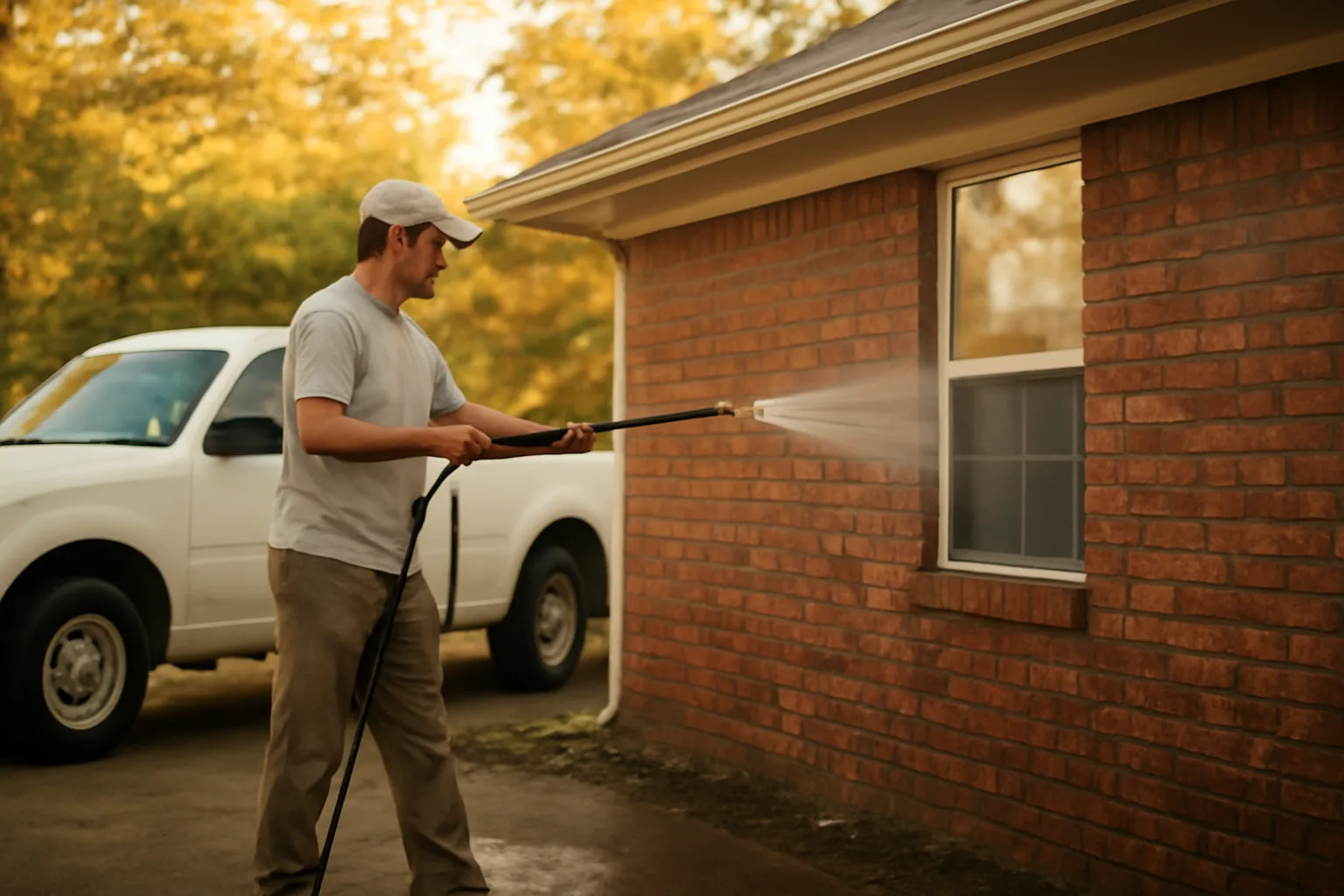 Technician soft washing an Arkansas brick house at golden hour