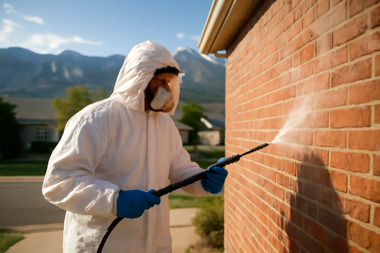 Soft wash technician spraying a brick house exterior with Colorado foothills behind