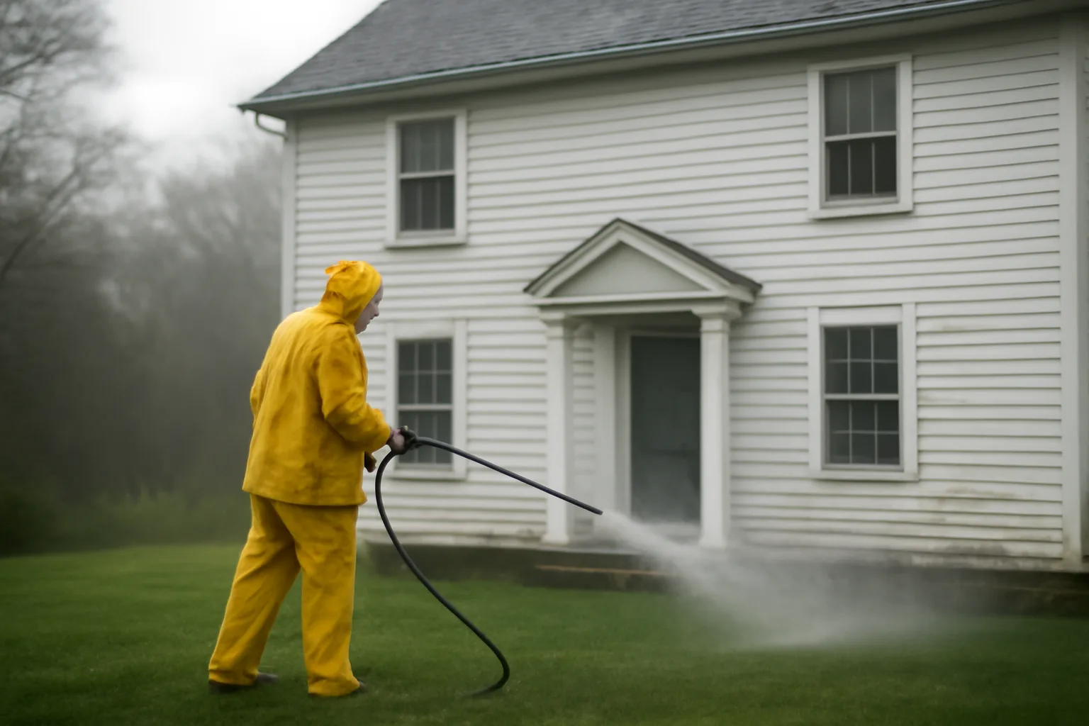 Soft wash technician applying solution to a Connecticut colonial house exterior on an overcast morning