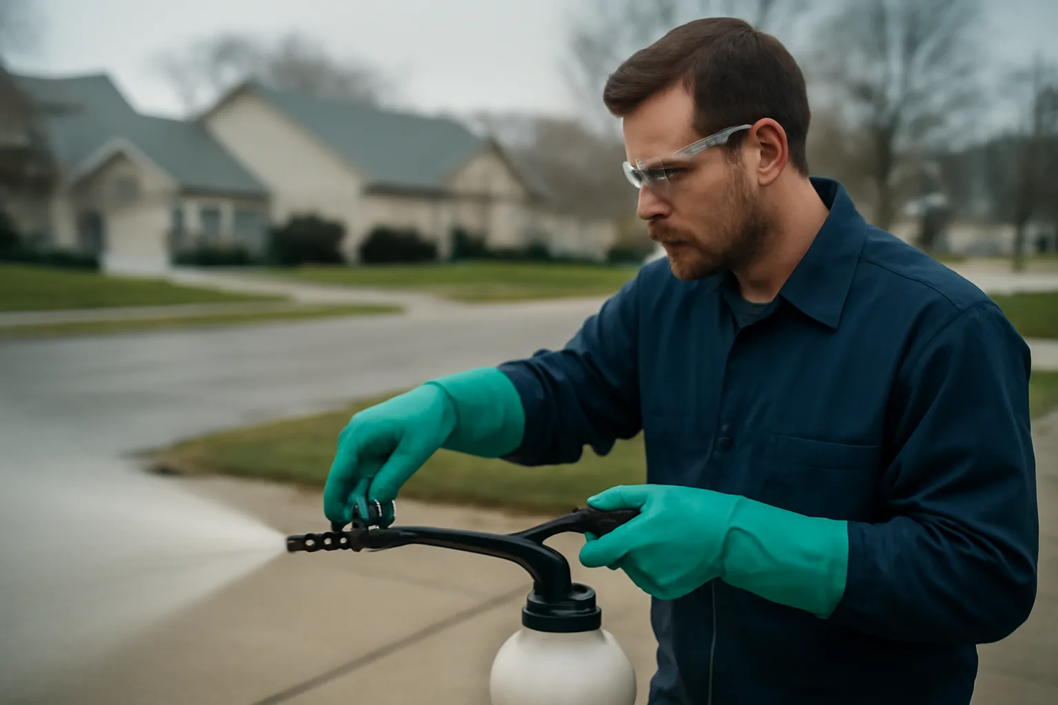 Soft wash technician with low-pressure sprayer on a Delaware residential driveway