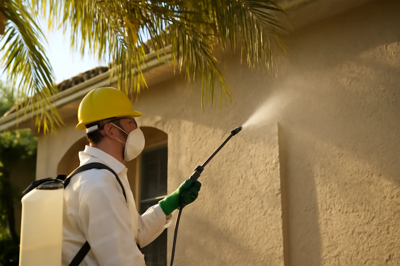 Soft wash application on a Florida house exterior with palm trees in background
