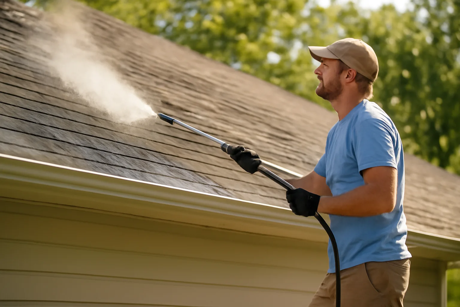 Soft wash technician cleaning a Georgia home roof with low-pressure spray