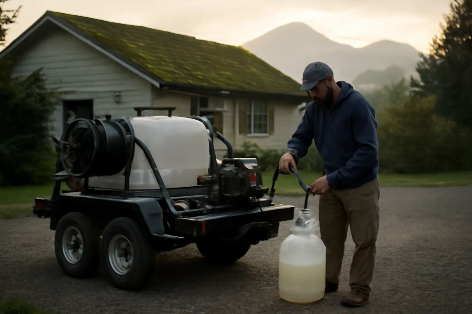 soft wash operator preparing sodium hypochlorite near a mossy roof in alaska