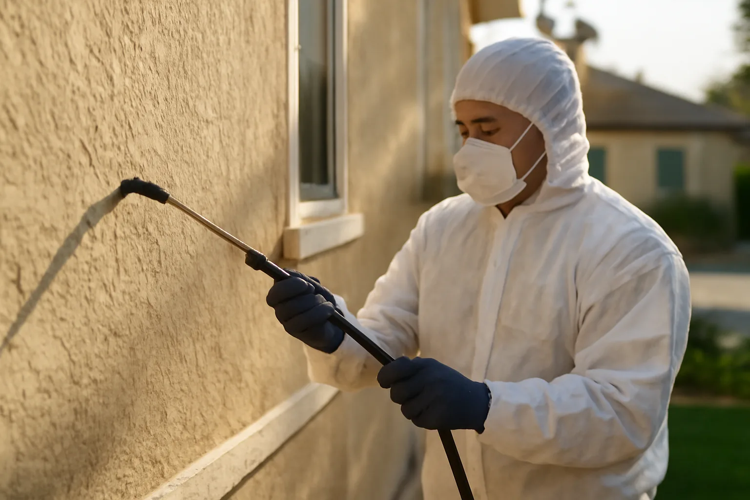 Soft wash technician spraying low-pressure chemical solution on a California stucco home exterior