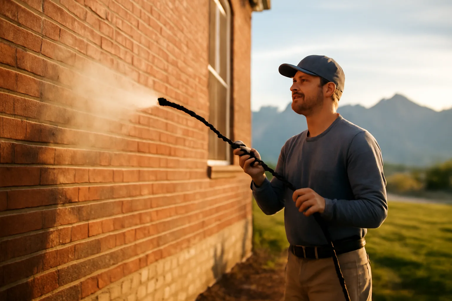 Soft wash contractor spraying a brick house exterior on a Colorado morning