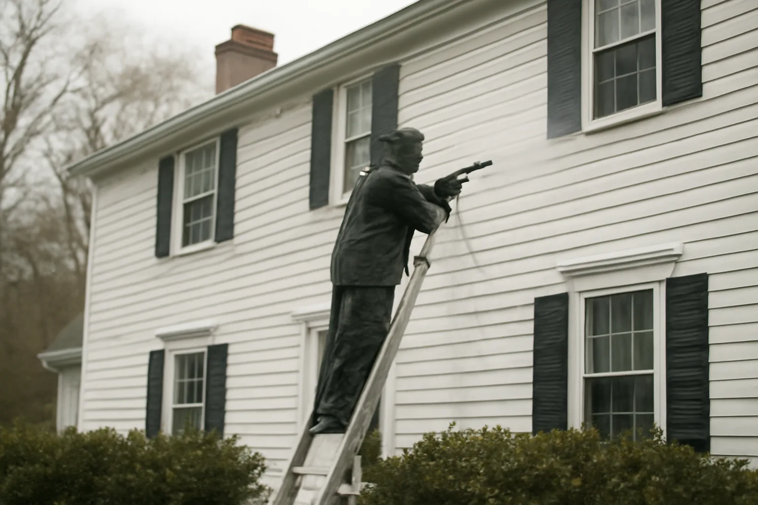 Soft wash technician spraying siding of Connecticut colonial house on overcast morning