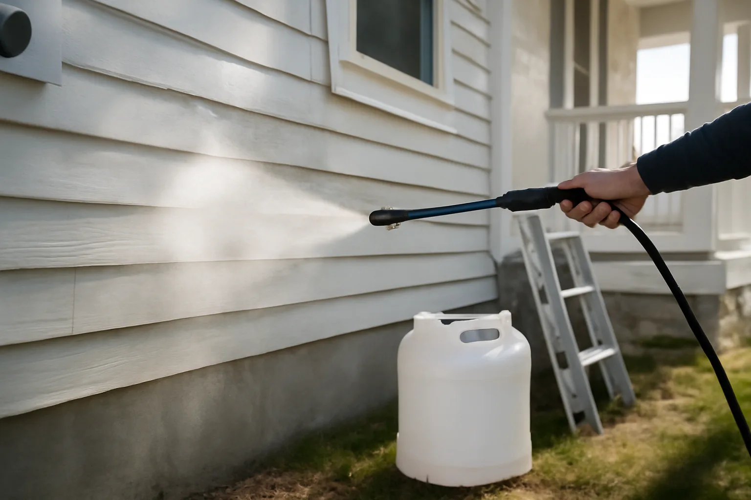 Soft wash wand applying solution to coastal Delaware home exterior siding in morning light