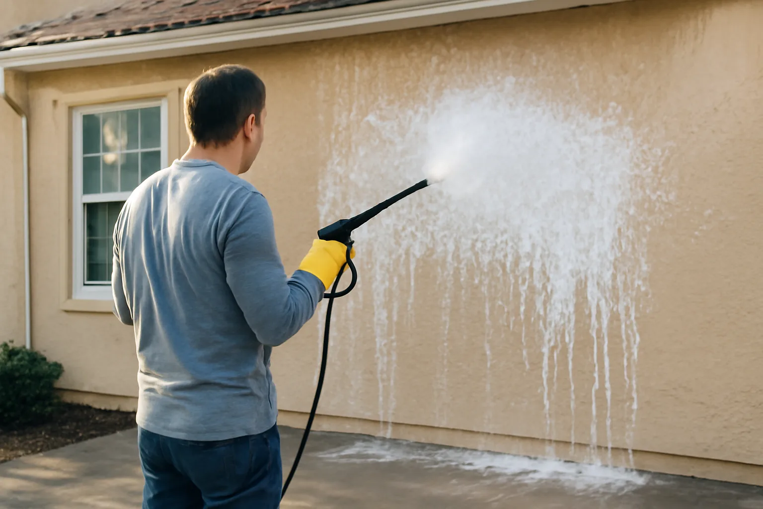 Contractor soft washing a stucco Florida house with low-pressure foam
